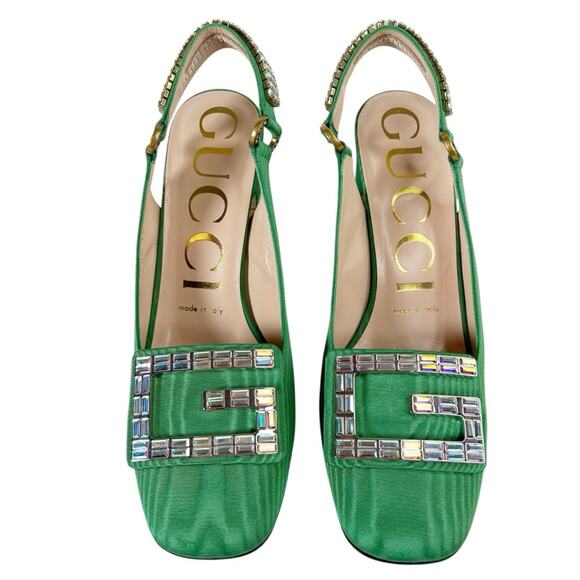 GUCCI Madelyn Crystal Square G Embellished Silk Satin Slingback Heels - Picture 2 of 11